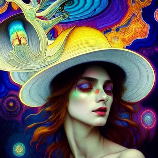 Image similar to An extremely psychedelic celestial white fedora hat, colorful, surreal, dramatic lighting, magic mushrooms, psilocybin, LSD, face, detailed, intricate, elegant, highly detailed, digital painting, artstation, concept art, smooth, sharp focus, illustration, art by Krenz Cushart and Artem Demura and alphonse mucha