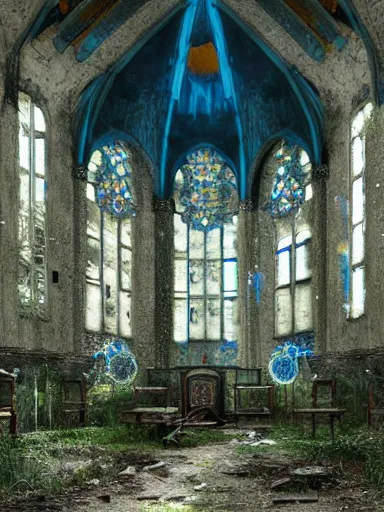 Image similar to interior of an abandoned, overgrown church, blue color palette, photo, digital art, detailed, intricate complexity, artstation