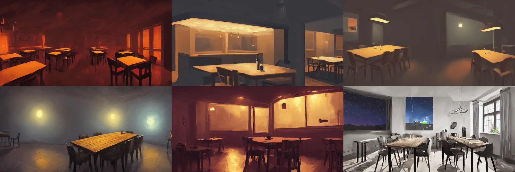 Prompt: 2 d game art sidescroller dark dining room, night, side angle, by alena aenami