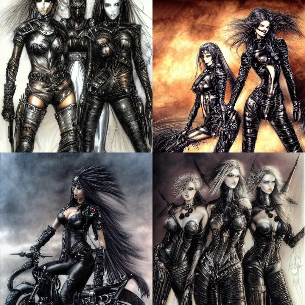Prompt: three futuristic warrior women dressed in black leather on motorcycles by luis royo, trending on art station