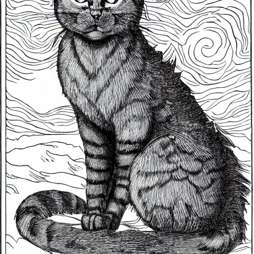 Image similar to a giant cat sitting on top of a victorian castle spire, cat god, style of kentaro miura!!!!, black and white, finely detailed