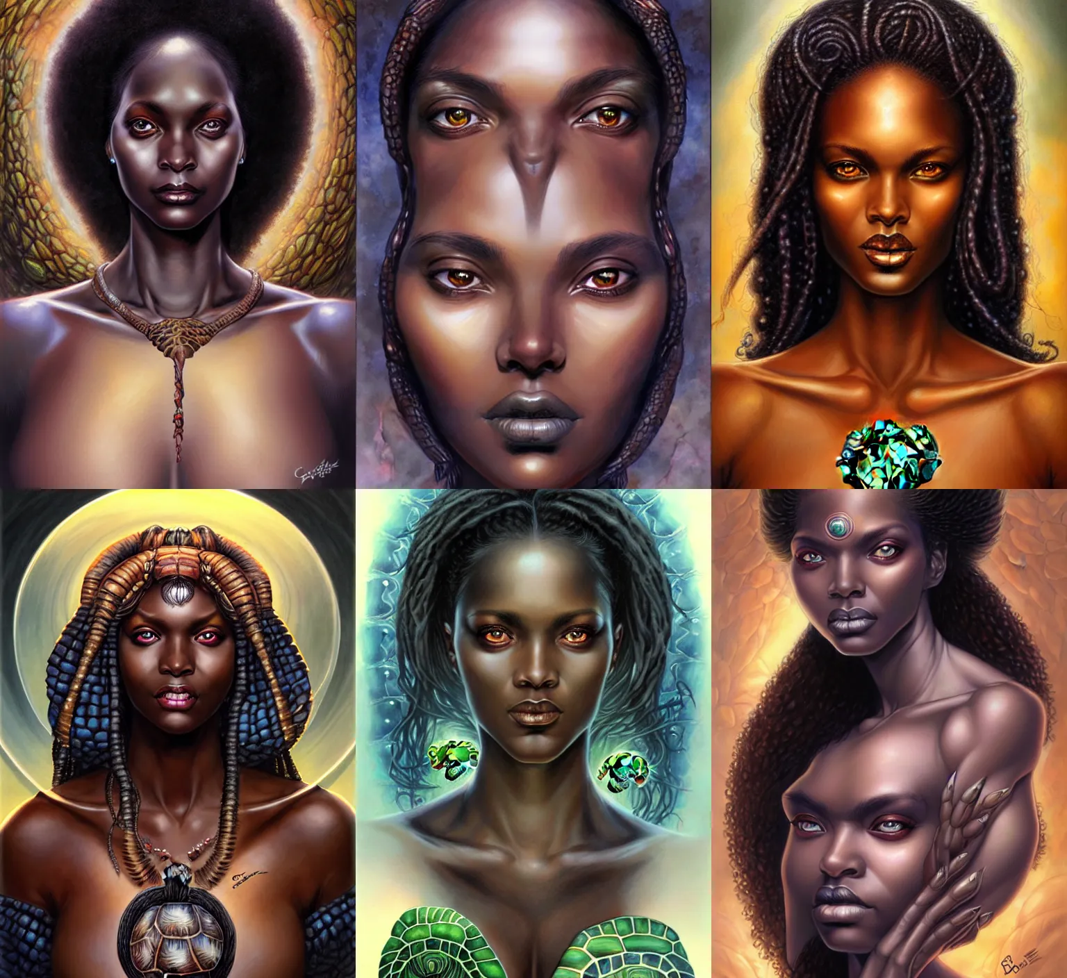 Prompt: stunning goddess of turtle portrait, clear eyes and dark skin. realistic, symmetrical face. art by bowater charlie, mark brooks, julie bell, arian mark, tony sandoval