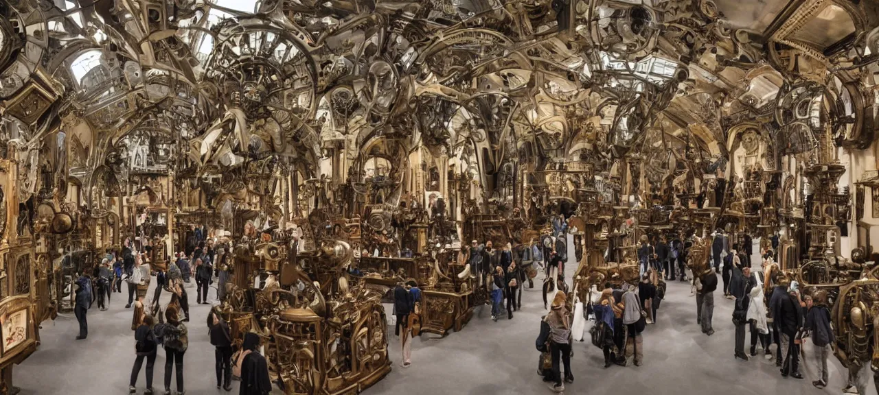 Prompt: A wide view into a Middle Ages Exhibition full of thousands of different old mechanical futuristic mechanisms, huge room of a old museum