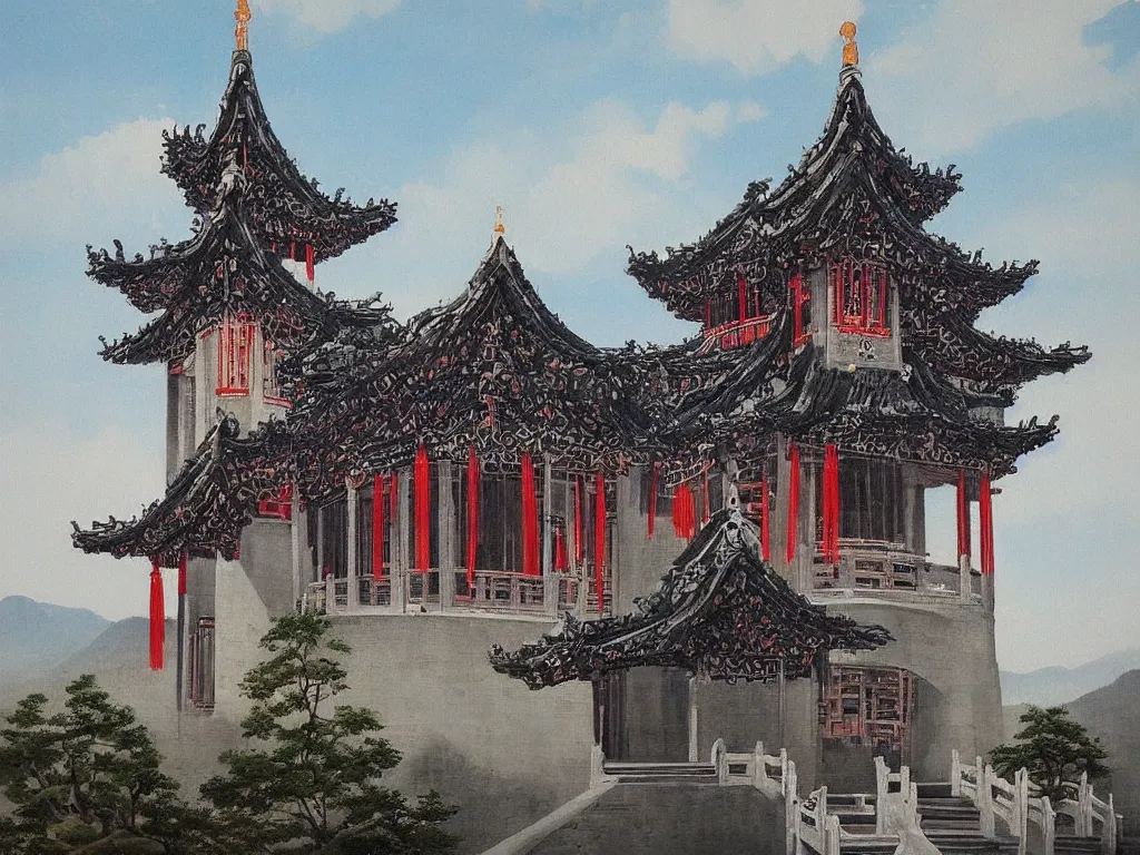 Prompt: A beautiful landscape painting of a Chinese traditional Gothic church, trending on artstation