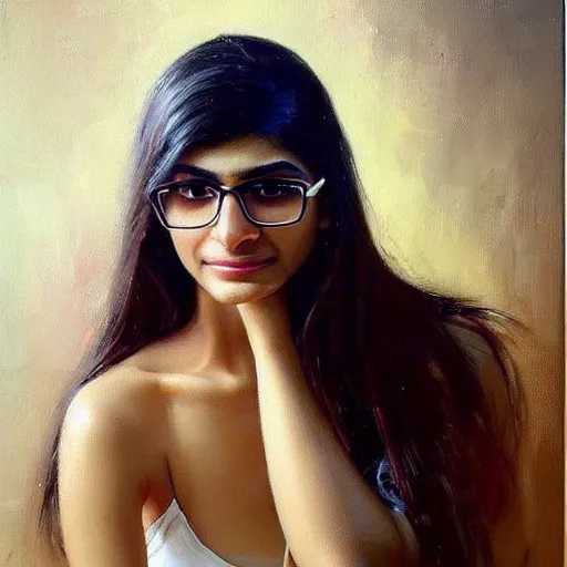 Image similar to beautiful painting an gorgeous of mia khalifa, oil painting, art by ruan jia