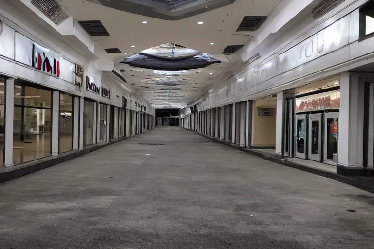 Image similar to closed liminal mall, 4k, mid night, scary, very dark, 2000s photo