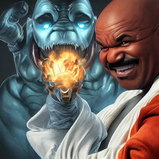 Prompt: steve harvey as balrog from street fighter, boxing gloves, punching air, ultra realistic, concept art, intricate details, eerie, highly detailed, photorealistic, octane render, 8 k, unreal engine. art by artgerm and greg rutkowski and magali villeneuve and alphonse mucha