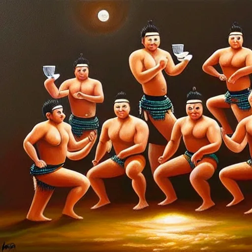 Prompt: stunning painting of haka dancers drink the tea, at the moon, starship, humor, sarcastic, ultra detailed, cinematic, soft lighting by concept art, masterpiece, 8 k hd resolution, artstation