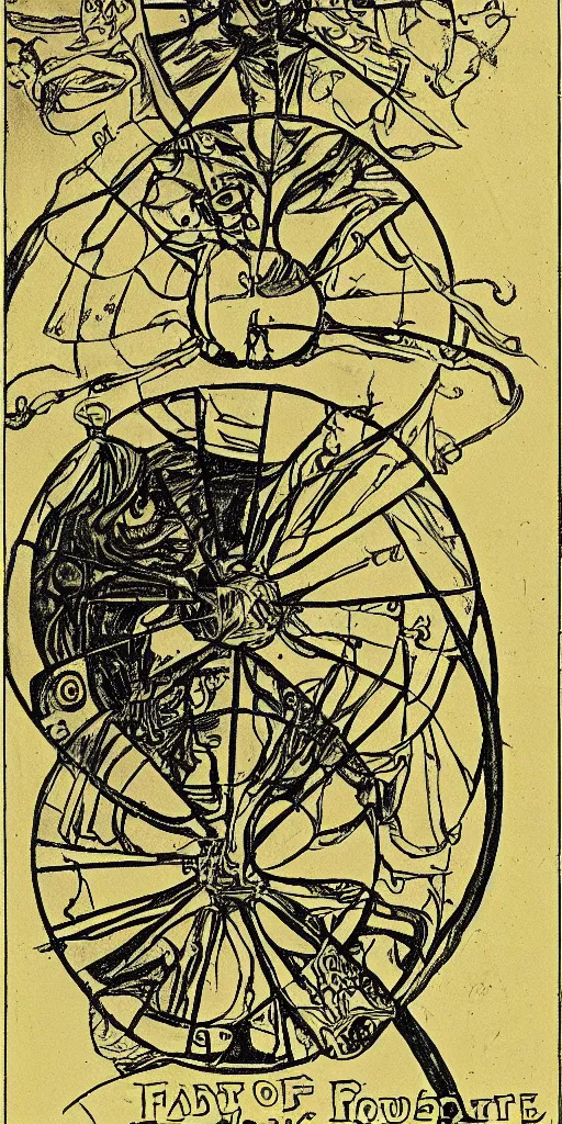 Prompt: the wheel of fortune tarot card by austin osman spare