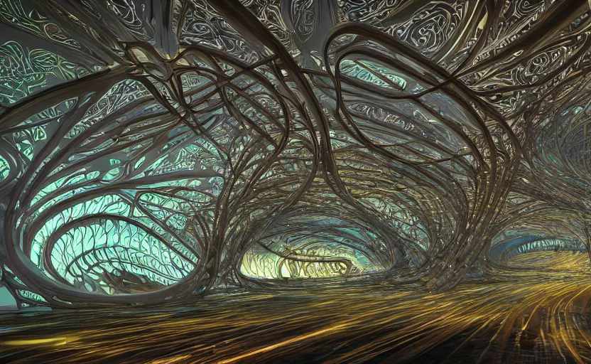 Prompt: a surreal environment of a futuristic curvilinear parametric and computational Art nouveau art installation, visionary art, intricate and complex, back-lit and front lit, hd, 16k, unreal engine, UHD photographic quality, medium format