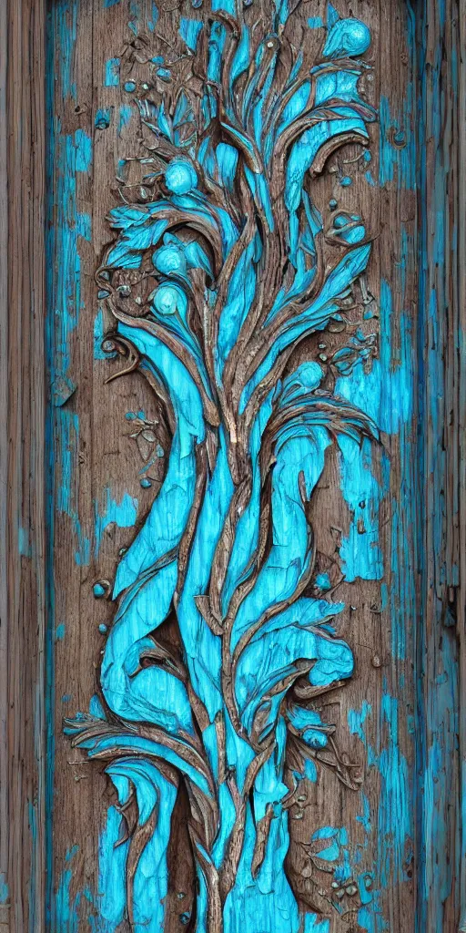 Image similar to https://s.mj.run/lcNw6KWjbsI Full old weathered wooden Door with a high relief carving of Fractal Marble and Opal Geode and Obisidian+Flowerpunk, cyberpunk, Dragonhead, twisted oak tree, jewels + Dark-blue light-blue black gold light-brown opal white + Ultra realistic, intricate detail, contrast, wet, kintsugi, rococo, baroque, 24mm lens + by Alphonse Mucha, Roger Deakins, Moebius, Mohrbacher