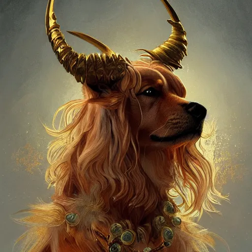 Image similar to a golden furry dog with horns and wings, bleeding, D&D, fantasy, intricate, elegant, highly detailed, digital painting, artstation, concept art, smooth, sharp focus, illustration, art by artgerm and greg rutkowski and alphonse mucha