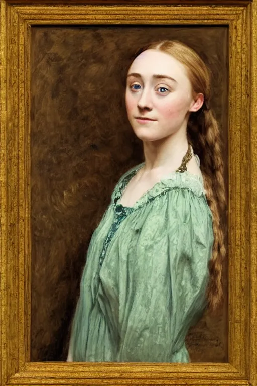 Prompt: a true-to-life portrait of Saoirse Ronan painted by John Everett Millais, real-life accurate, symmetrical eyes, anatomically accurate