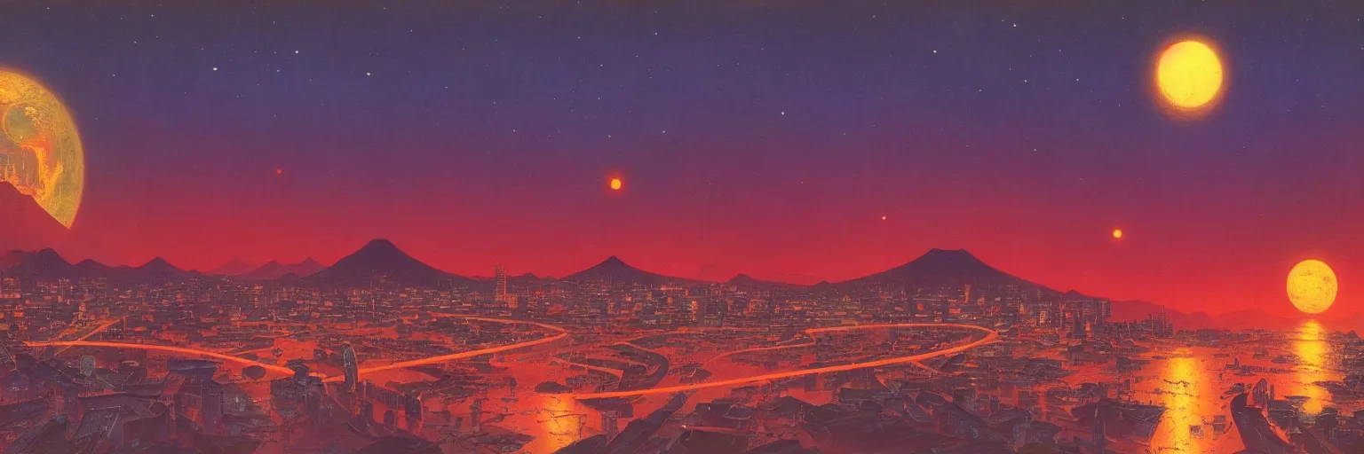 Prompt: awe-inspiring bruce pennington landscape digital art painting of 1960s Japan at night, 4k, matte