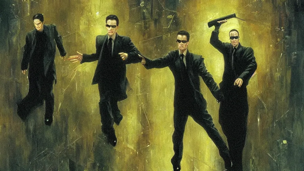 Image similar to an oil painting in the style of alan lee depictingneo fighting agent smith in the movie the matrix ( 1 9 9 9 )