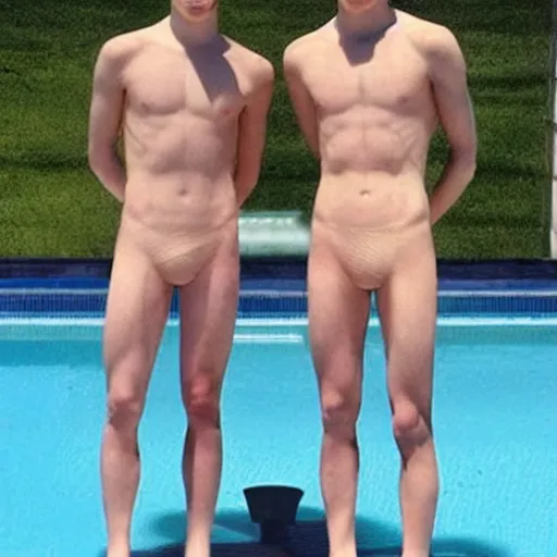 Image similar to a realistic detailed photo of a guy who is an attractive humanoid who is half robot and half humanoid, who is a male android, soccer players martin ødegaard & timo werner, shiny skin, posing like a statue, blank stare, by the pool, on display, showing off his muscles, many copies of them