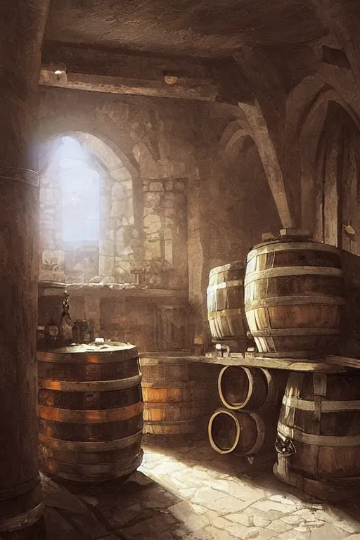 Image similar to an old small medieval tavern stockroom with rows of barrels and wine racks, a single small rectangular window allows sun into the room, by greg rutkowski, artgerm, craig mullins, alan lee