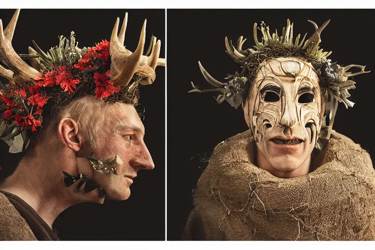 Image similar to portrait of a tyrolean folklore mask, wearing hay coat, with horns, eerie, flowers growing out of his body, detailed intricate insanely detailed octane render, 8k artistic 1920s photography, photorealistic, chiaroscuro, by David Cronenberg, Raphael, Caravaggio