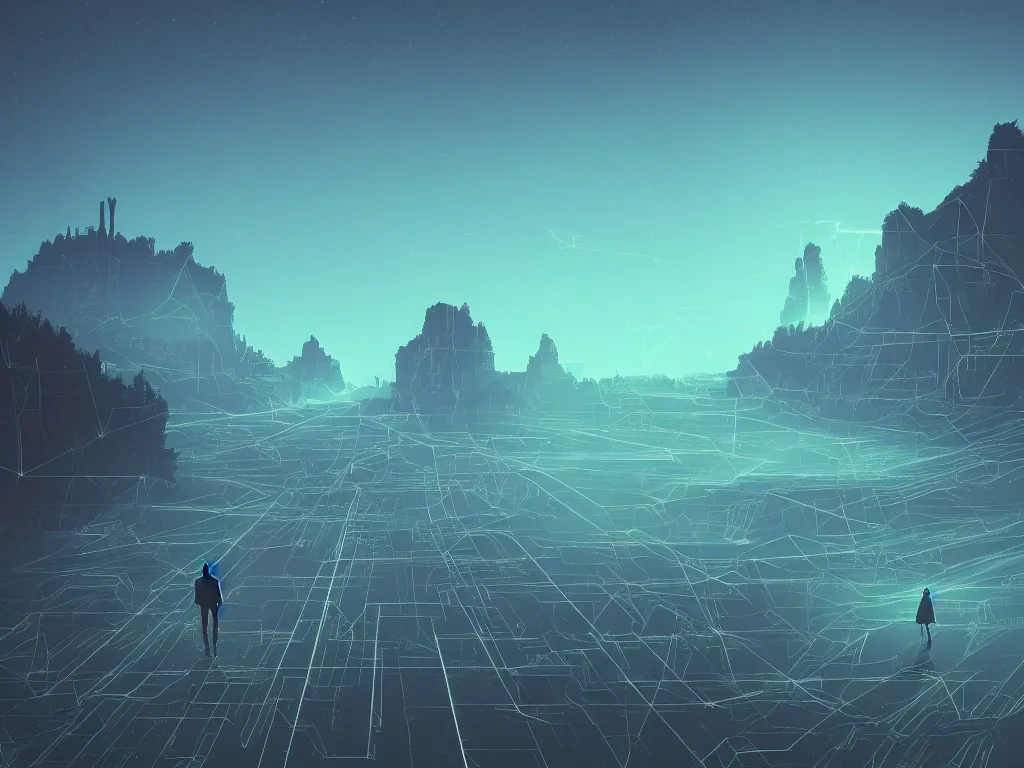 Prompt: synthwave landscape of a traveler walking towards a distant castle , cyberspace, grid, virtual, night, wireframe, by John Smith, by Alena Aenami, by Greg Rutkowski, wide angle, highly detailed, cinematic, Blue and Green color scheme