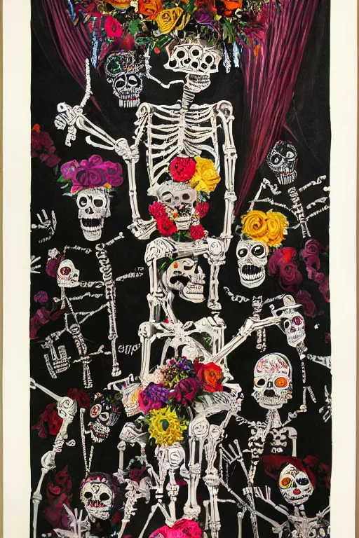 Prompt: scene from wedding, celebrating day of the dead, cyber skeletons, queen in black silk in the center neon painting by otto dix