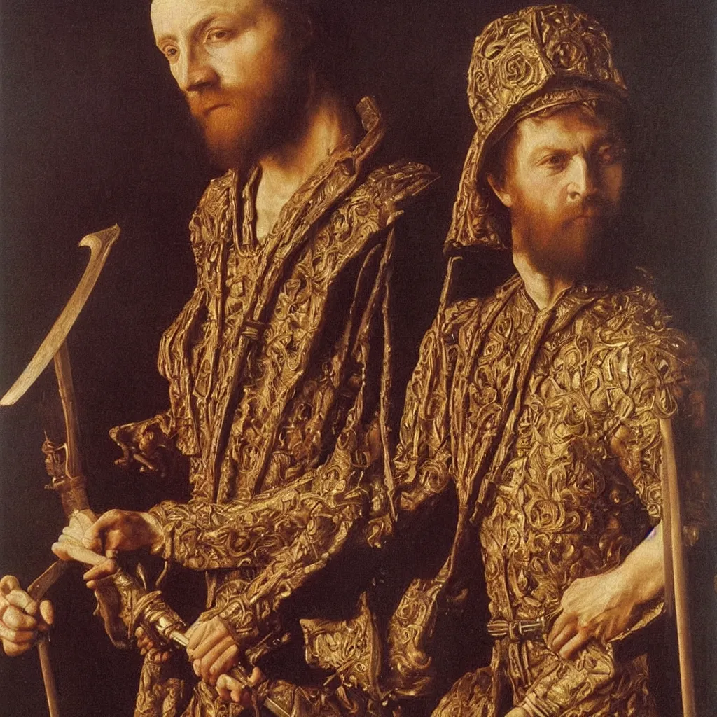 Prompt: a very detailed portrait of Saint Paul holding a sword, very detailed face, oil painting by Van Eyck