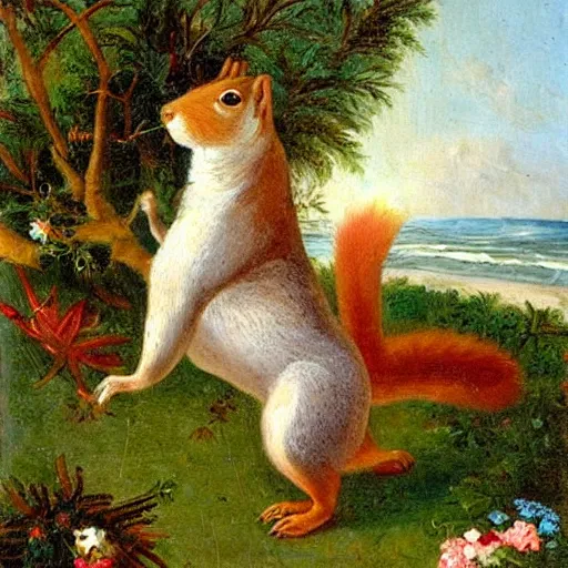 Image similar to a giant squirrel carrying napoleon!!! on its back, beach scene with flowers and foliage, detailed oil painting