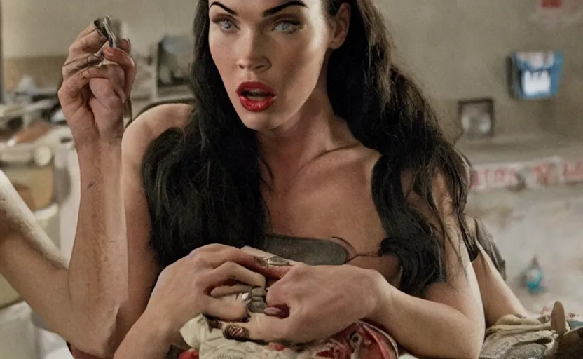 Prompt: iconic cinematic still of megan fox in sindrome 2 0 2 4, directed by guillermo del toro, written by the russo brothers and the coen brothers, art design inspired by norman rockwell and spike jonze and paul thomas anderson