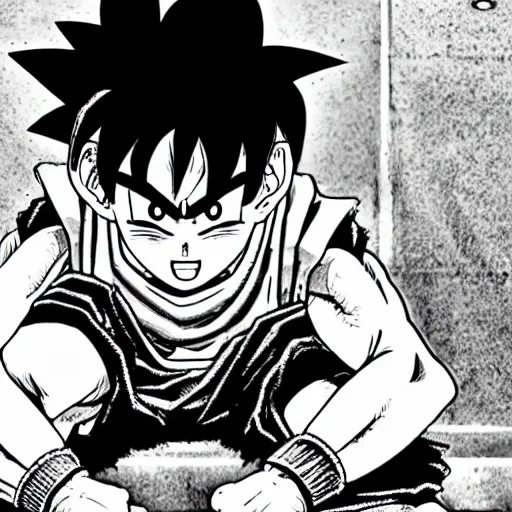Prompt: highly detailed pen and ink black and white shonen jump son goku sitting on toilet seat powering up further beyond illustrated by constipated akira toriyama issue cover