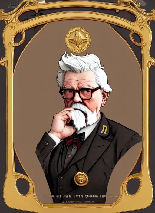 Image similar to close up portrait of colonel sanders, decorated civil war veteran, many medals by artgerm, cushart krenz, greg rutkowski, mucha. art nouveau. gloomhaven, golden arches logo, pale colors, sharp edges. ultra clear detailed. 8 k. elegant, intricate, octane render