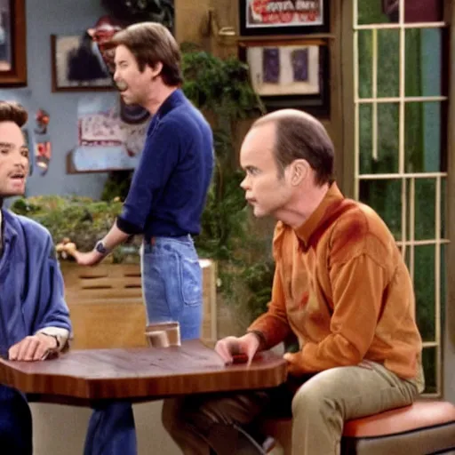 Prompt: still of Topher Grace and Kurtwood Smith on That 70s Show