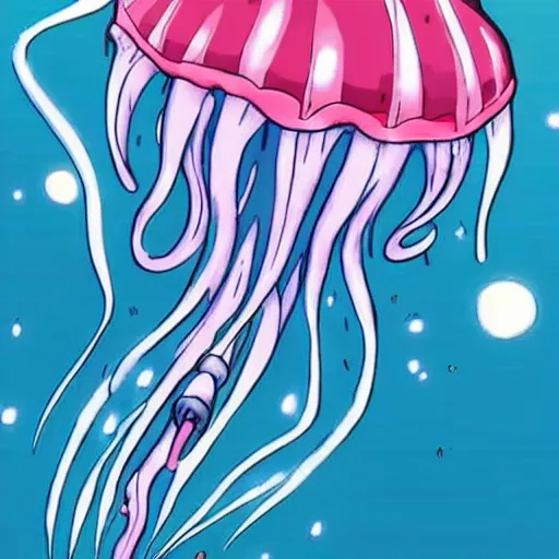 Image similar to A giant flying jellyfish spaceship, anime style