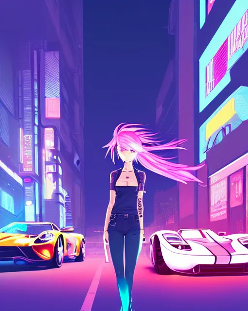 Image similar to digital illustration of cyberpunk pretty girl with pink hair, standing by a blue ford gt in a street at night, under streetlights, by makoto shinkai, ilya kuvshinov, lois van baarle, rossdraws, basquiat