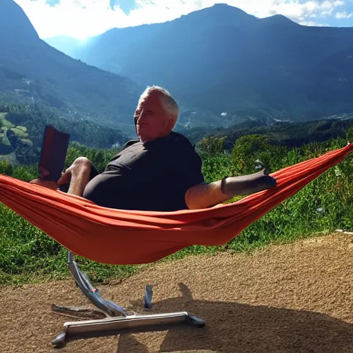 Prompt: my older italian wise friend on a hammock, reading new book, gravity is strong, he is very relaxed, snug legs, mountains in a background