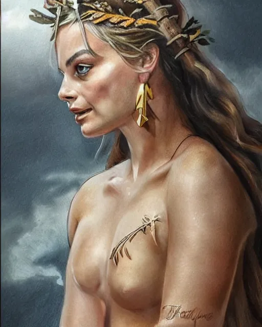 Prompt: realism tattoo sketch of margot robbie as a beautiful greek goddess aphrodite with piercing eyes wearing a laurel wreath and triangle earrings, in the style of greg rutkowski, amazing detail, side view