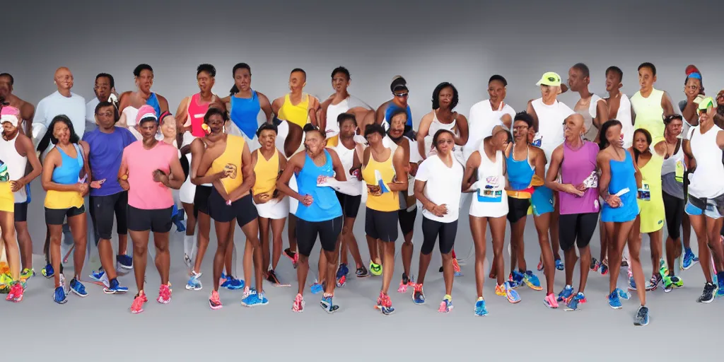 Prompt: Rough Sketch of Studio Photograph of starting line of many diverse marathon runners. multiple skintones. Frontal. Sports Advertising Campaign. Wide shot. Fashion Studio lighting. White background.