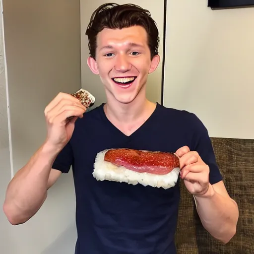 Prompt: Tom Holland eating spam musubi