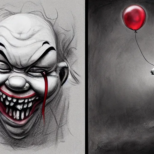 Image similar to surrealism grunge cartoon portrait sketch of a sleeping giant with a wide smile and a red balloon by - michael karcz, loony toons style, pennywise style, chucky style, horror theme, detailed, elegant, intricate