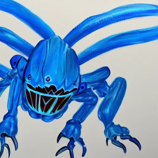 Prompt: rough painting of a blue insectile monster in acrylic paint, broad brush strokes, phantasy star online, white background, pencil sketch lines