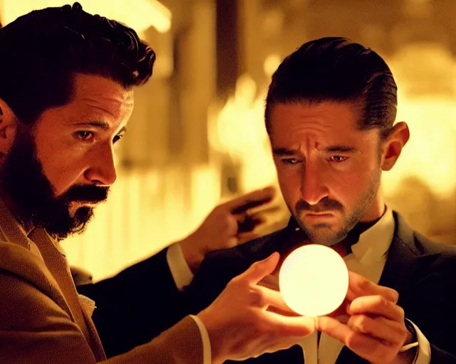 Image similar to mafioso ( shia laboeuf ) examines a magical glowing object ; scene from the modern hbo mini series / the outfit /, a supernatural mafia crime thriller about magical monster - hunting mafiosi in philadelphia, hd 8 k film photography, with modern supernatural horror aesthetic.