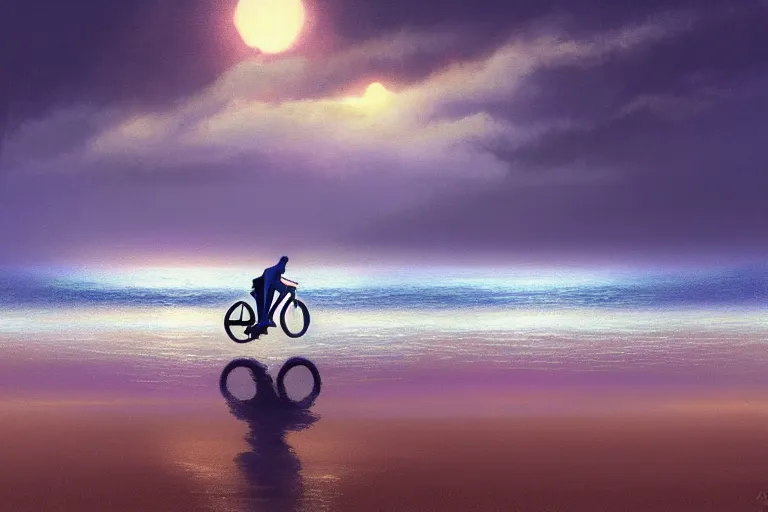 Image similar to photo of man riding a bicycle along the beach, glowing underwater toward a lighthouse in the distance, silhouette, wide horizon, large white clouds, intricate, elegant, highly detailed, digital painting, artstation, concept art, smooth, sharp focus, illustration, art by artgerm and greg rutkowski and fra angelico