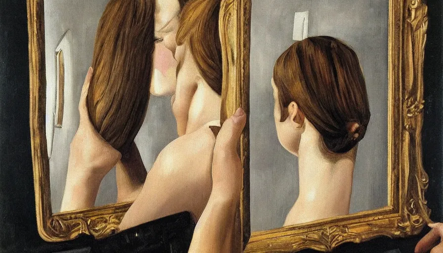 Prompt: painting by lucien freud, young woman in front of the mirror, detailed, stunning