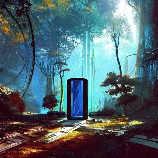 Image similar to derelict portal in a middle of a futuristic forest, world seen only through a portal, daylight, cinematic lighting, blue sky, syd mead, john harris