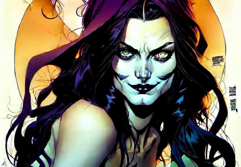 Prompt: artgerm, joshua middleton comic cover art, pretty friendly phoebe tonkin as death sandman comic dc, smiling, full body, symmetrical eyes, symmetrical face, long curly black hair, cool colors