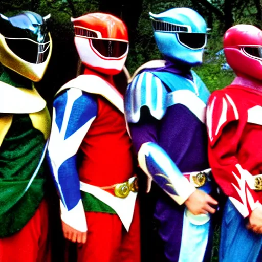 Image similar to the fellowship of the ring dressed up as power rangers