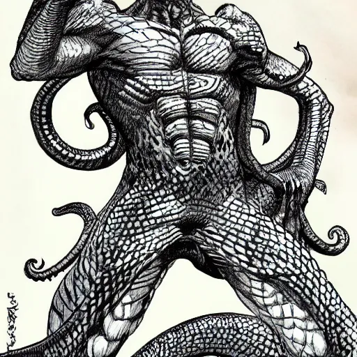 Image similar to a male naga, serpent body, kentaro miura art style