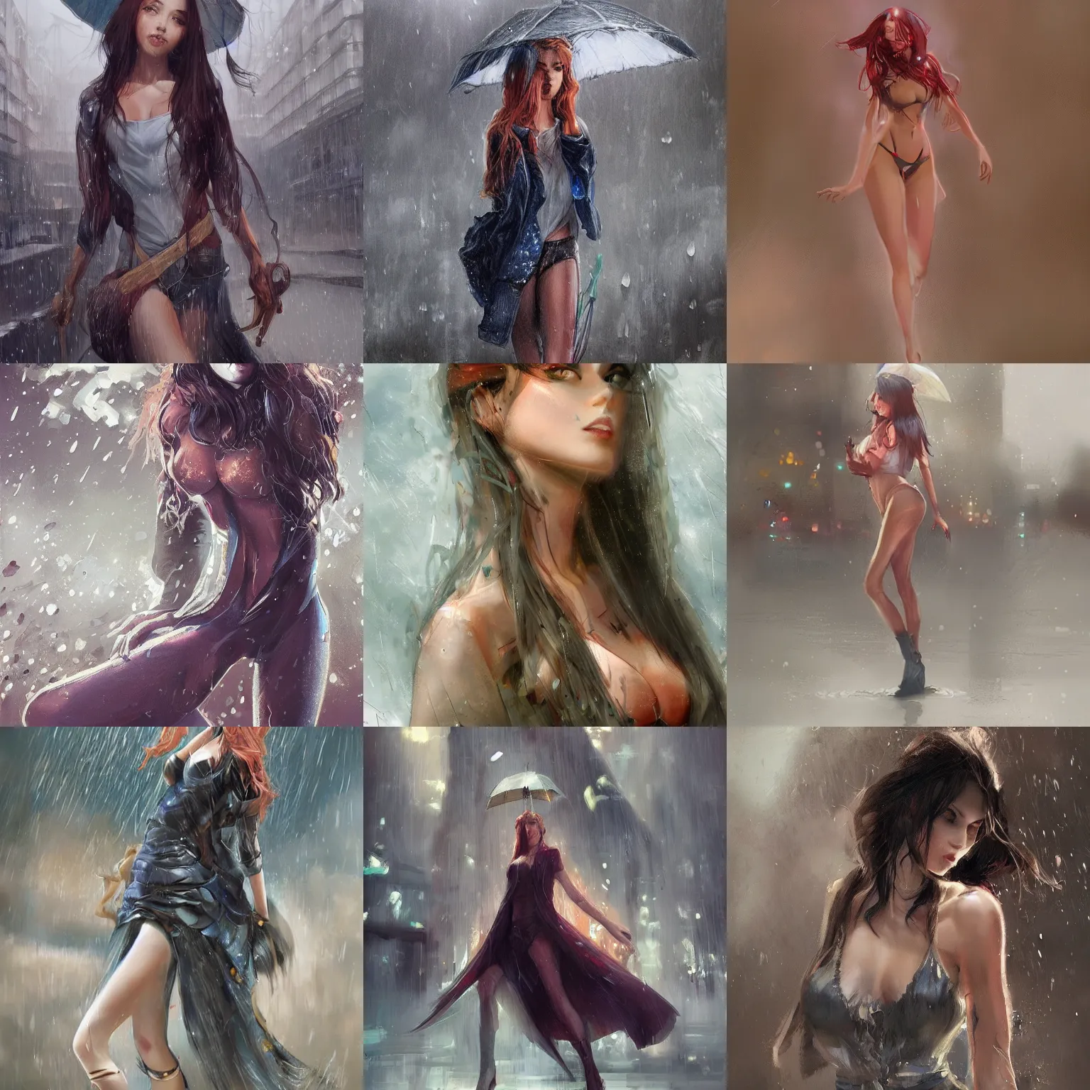 Prompt: gorgeous girl standing in the rain by Stanley Artgerm Lau, WLOP, Rossdraws, James Jean, Andrei Riabovitchev, Marc Simonetti, and Sakimichan, trending on artstation