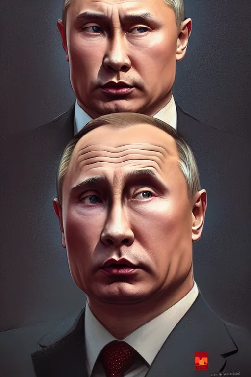 Prompt: vladimir putin with kim jong un hairstyle, realistic portrait, symmetrical, highly detailed, digital painting, artstation, concept art, smooth, sharp focus, illustration, cinematic lighting, art by artgerm and greg rutkowski and alphonse mucha