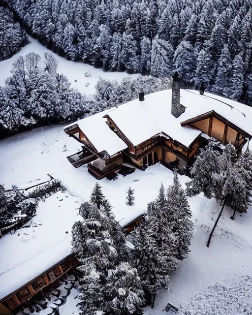 Image similar to hidden mansion in the alps with snow covered roof set on fire, zoomed out, shot from drone, iphone capture