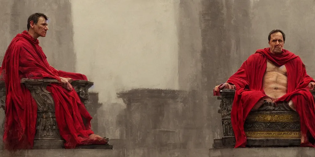 Image similar to the end is near. a tired julius caesar is sitting on his throne. face is highly detailed. splices of red are running down his toga. mist. color scheme red. low angle medium shot. imagined by jeremy lipking