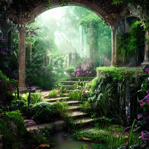 Image similar to mystical and beautiful secret garden, hyperrealistic photograph, dim volumetric lighting, 8 k, octane beautifully detailed render, extremely hyper detailed, intricate, epic composition, cinematic lighting, masterpiece, trending on artstation, very very detailed, stunning, hdr, smooth, sharp focus, high resolution, award, winning photo, dslr, 5 0 mm